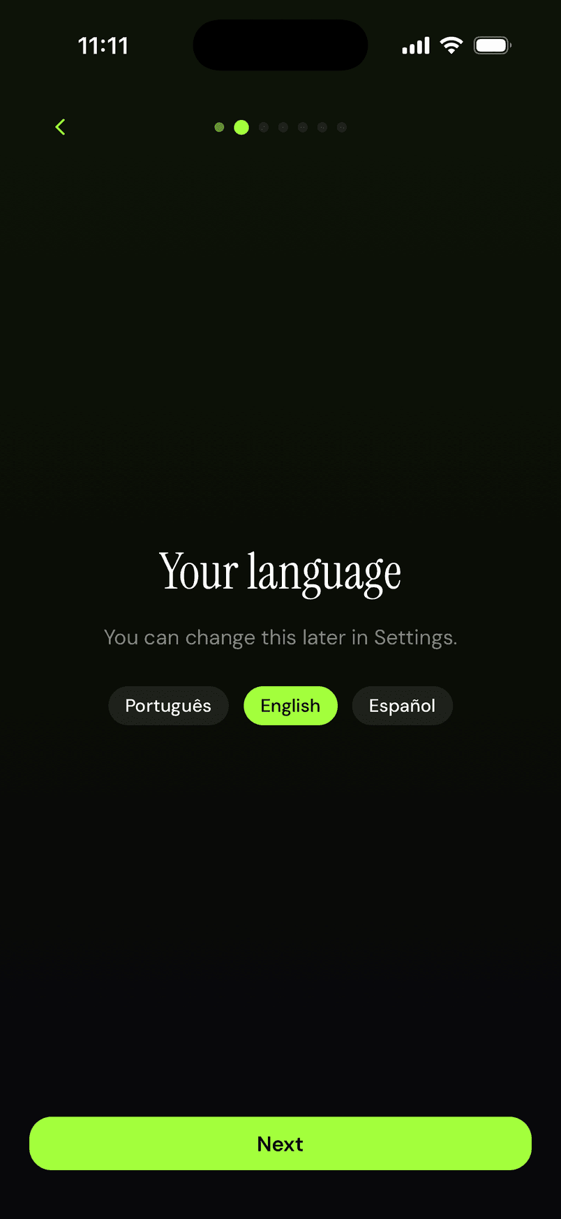 Language choice: Português, English or Español.