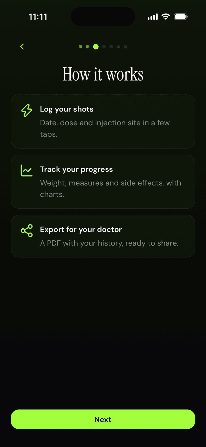 How it works: log your shots, track your progress, export for your doctor.