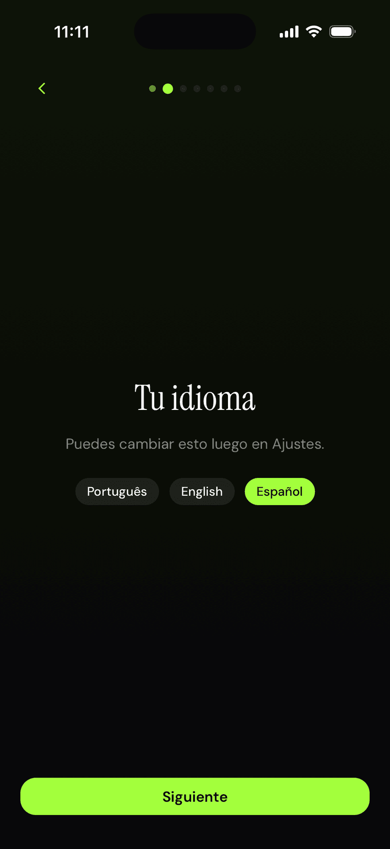 Elección de idioma: Português, English o Español.