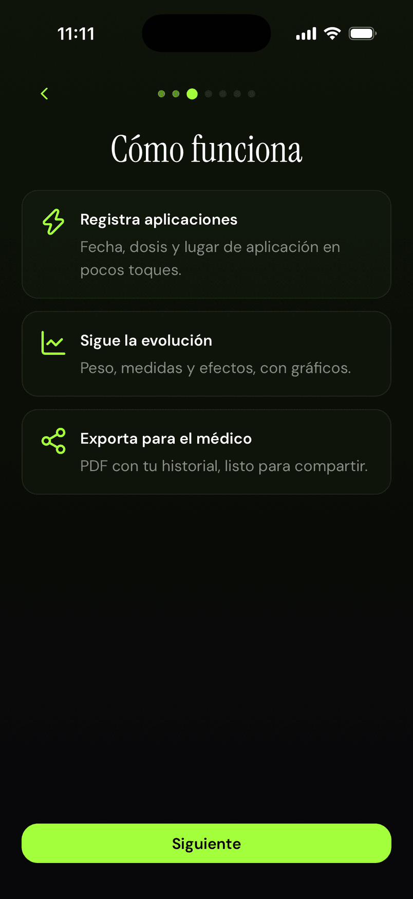 Cómo funciona: registra aplicaciones, sigue la evolución, exporta para el médico.