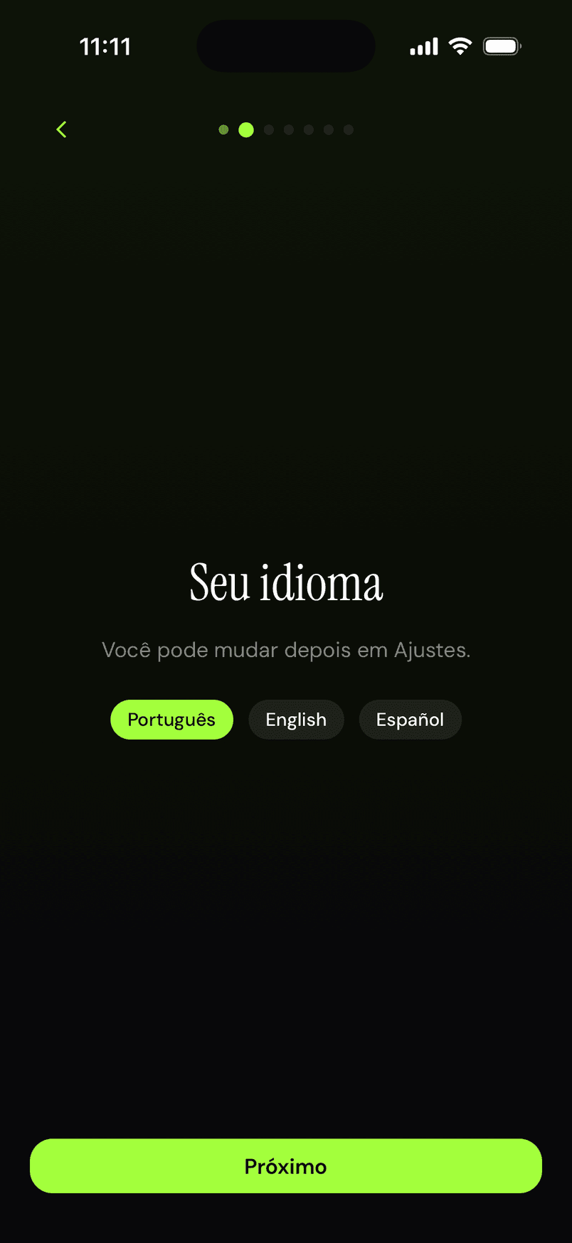Escolha de idioma: Português, English ou Español.